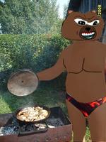 bobo cooking on grill in swimsuit 