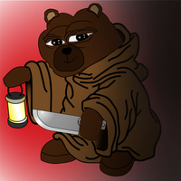 bobo holding knife lantern red background 