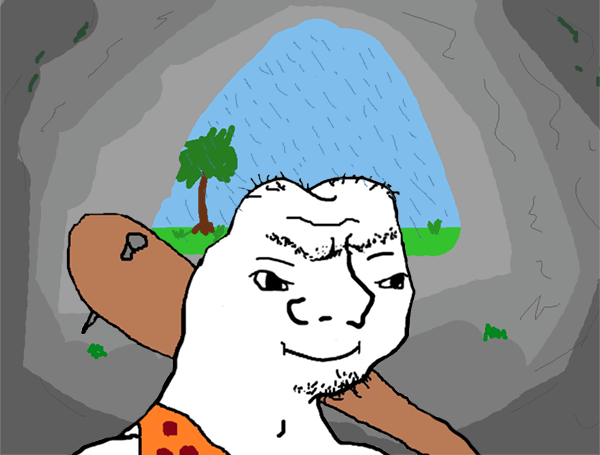 grug in cave comfy while raining 