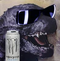 godzilla wearing sunglasses drinking monster 