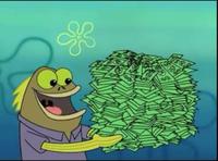 spongebob fish guy holding money 