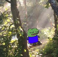 pepe apu closing eyes swinging in forest 