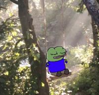 pepe at peace swinging in forest 