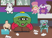 pepe cartman surrounded by toys 