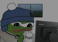 pepe comfy rainy day drinking coffee 