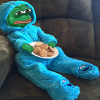 pepe cookie monster suit on couch 