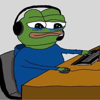 pepe crying on computer headphones 