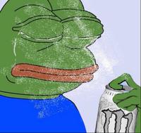 pepe crying spraying self with monster 