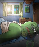 pepe depressed in bed sunny outside 