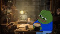 pepe drinking coffee in workshop 