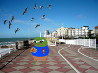 pepe eating fast food on pier 