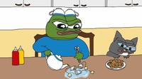 pepe eating with cat 