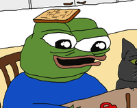 pepe eating with toasted bread on head 