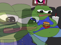 pepe fat eating burger on couch 