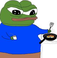 pepe frying eggs and bacon 