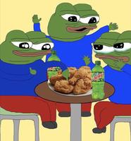 pepe happy drinking mountain dew eating chicken 