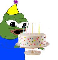 pepe happy holding birthday cake 