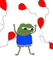 pepe happy surrounded by red balloons 