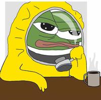 pepe hazmat suit thinking over cup of coffee 
