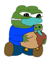 pepe holds pepe duck wearing mask 