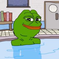 pepe in jacuzzi smug with books 