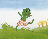 pepe in shorts skipping through field 