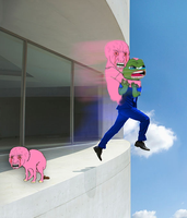 pepe jumps off roof pink wojak holding on 