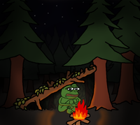 pepe naked campfire in woods 