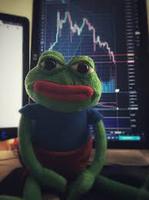 pepe plush sad in front of red chart 