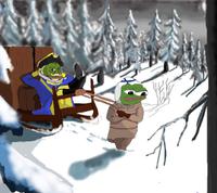 pepe pulling pepe through snowy forest 