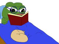 pepe reading book in bed with sleeping cat 