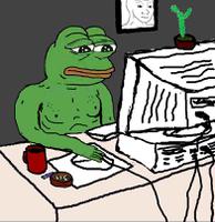 pepe sad behind computer 