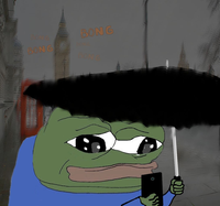 pepe sad on phone under umbrella 