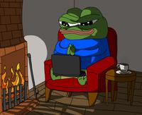 pepe scheming by fire on computer 