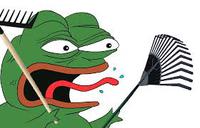 pepe screaming angry holding two rakes 