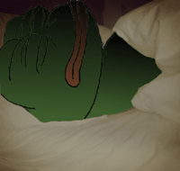 pepe sleeping in bed dark room 