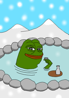 pepe smug drinking in hot spring 