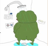 pepe standing in shower 