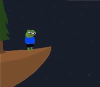 pepe standing on cliff at night 