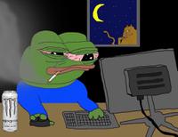 pepe staying up late on computer drinking monster 