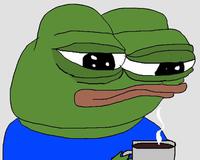 pepe tired eyes drinking coffee 