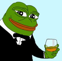 pepe tuxedo holding whiskey tumbler 