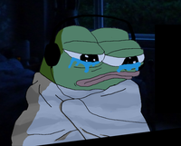 pepe under blanket crying behind computer 