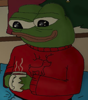 pepe wearing reindeer sweater drinking hot chocolate comfy 