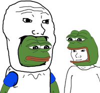 pepe wearing wojak suit with wojak wearing pepe suit 