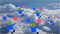 pepes flying in sky with balloons 