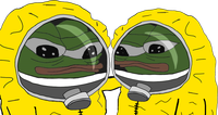 pepes in hazmat suits hugging 