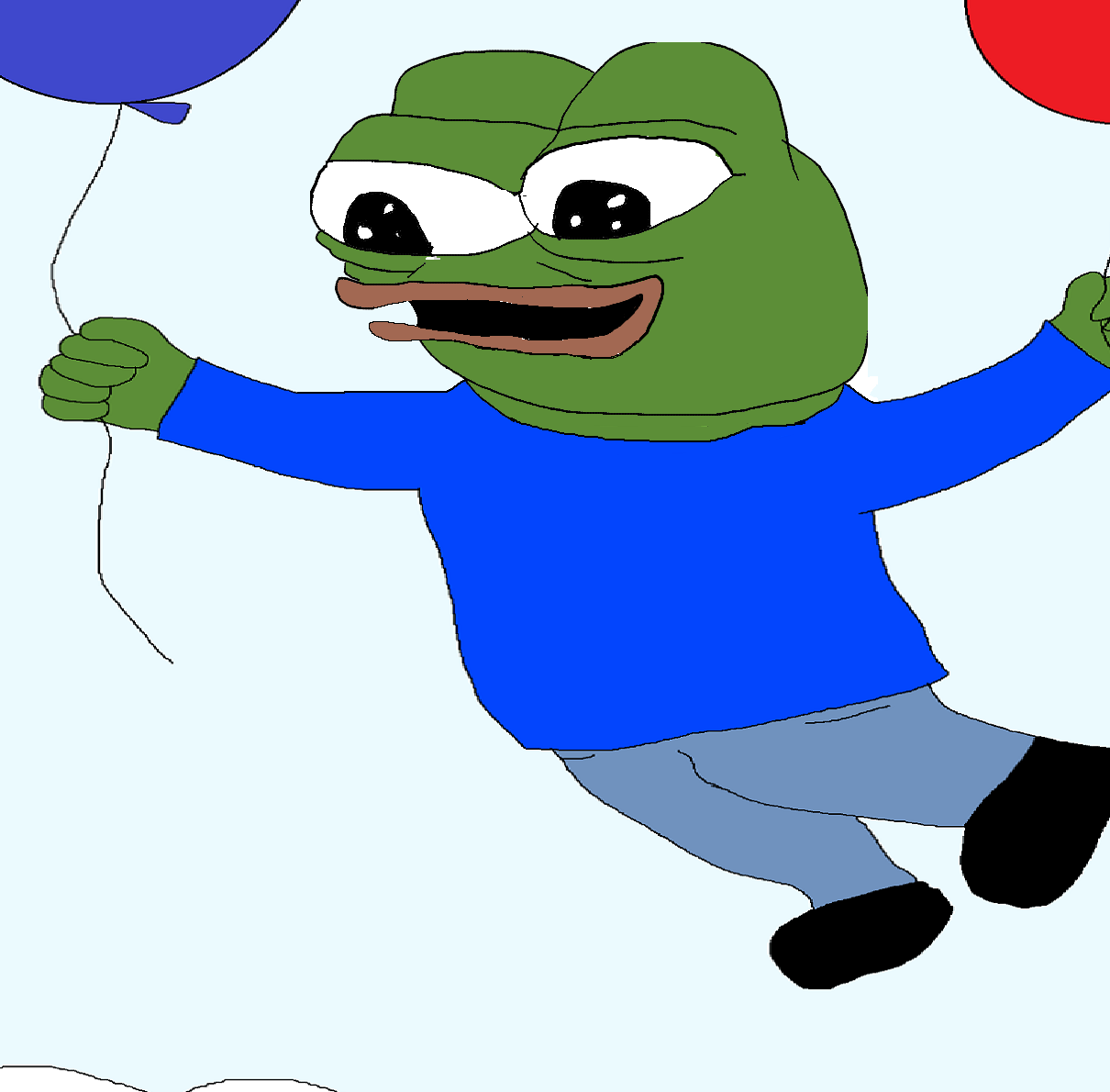 pepe floating away holding balloons.