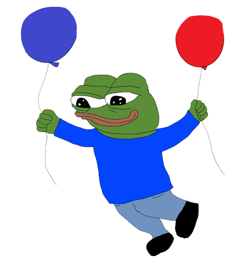 pepe floating up balloons 