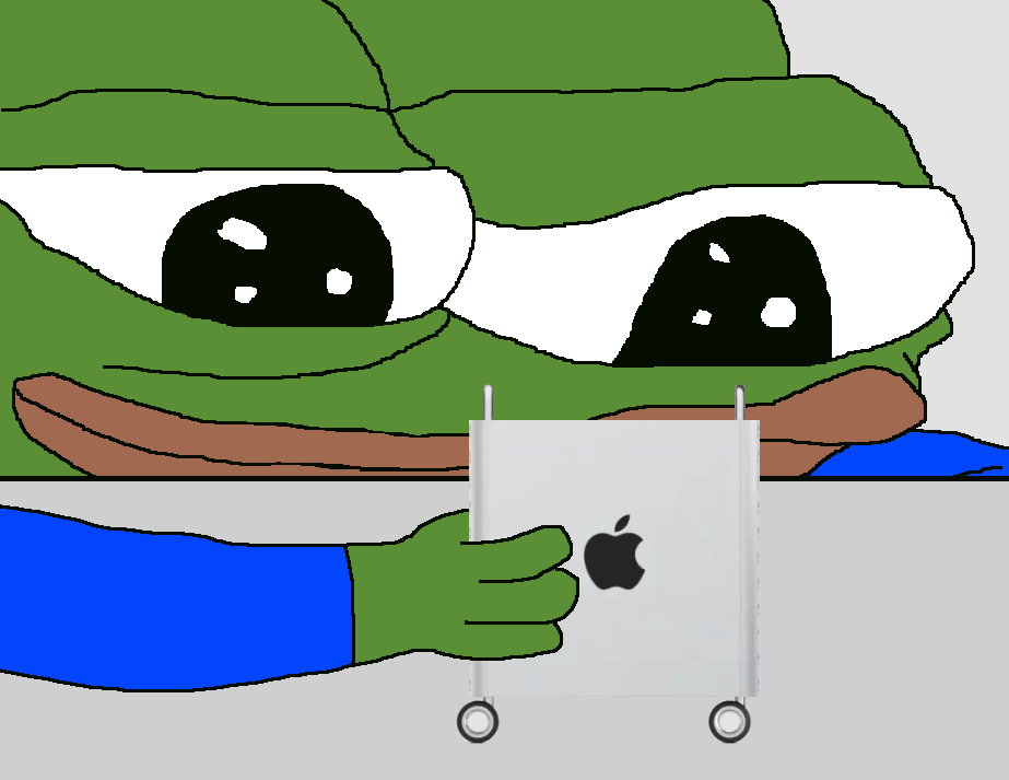 pepe plays with mac computer 